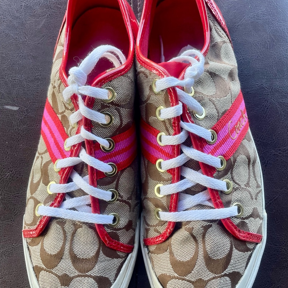 SALE Coach Tan Signature Sneakers with Pink and Red Stripe - Picture 4 of 6